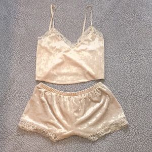 Cream and light pink lace and velvet pajama set